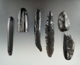 Set of six pre-Columbian knives, blades and cores found in Mexico, largest is 4 3/4