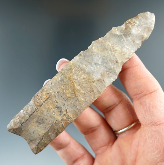 4 5/16" Paleo fluted Clovis with restoration to 1 1/4" of the bottom. Delaware Co., Ohio.