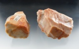Pair of colorful Flint Ridge flint Hopewell cores found in Licking Co., Ohio. Largest is 2 1/2