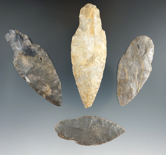 Group of four Adena Knives, largest is 3 5/8" found near the Black Fork River, Richland Co., Ohio.
