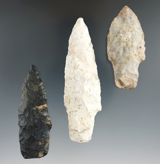 Three early Adena Points from Northern Ohio. Largest is 3 1/2".