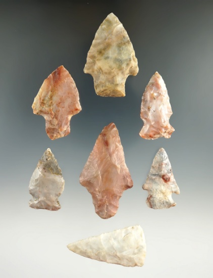 Set of seven Flint Ridge Flint arrowheads, largest is 2 1/4" Richland Co., Ohio.