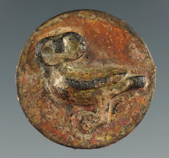 1 1/16" Moche culture pre-Columbian owl effigy made from mixed gold and copper.