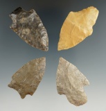 Set of four assorted arrowheads found in the Midwest, largest is 2 1/4