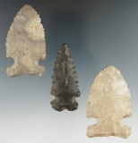 Set of three nice Midwestern Archaic points, largest is 2 1/2