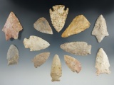 Group of 12 assorted arrowheads found in various locations, largest is 2 3/8