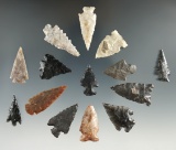 Group of 14 assorted Texas arrowheads, largest is 1 3/8