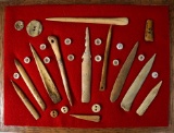 Excellent group of Bone Awls and buttons and an Awl handle. Largest is 5 1/2