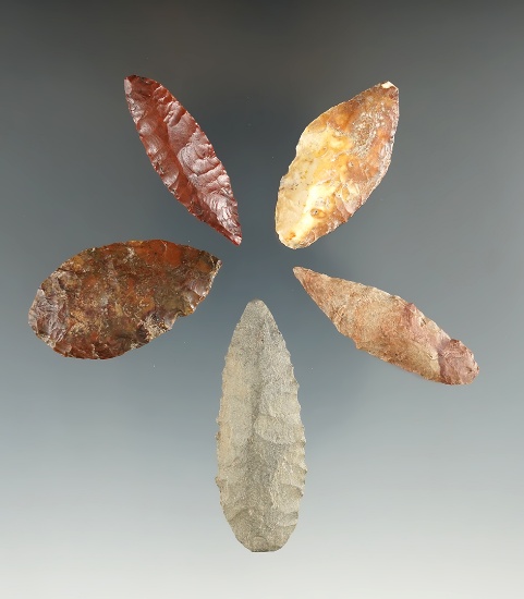 Five Cascade Leaf Blades made from Agate. Longest is 2". Found near the Columbia River, OR.