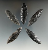Five Cascade Leaf Blades made from Obsidian. Longest is 2 1/4