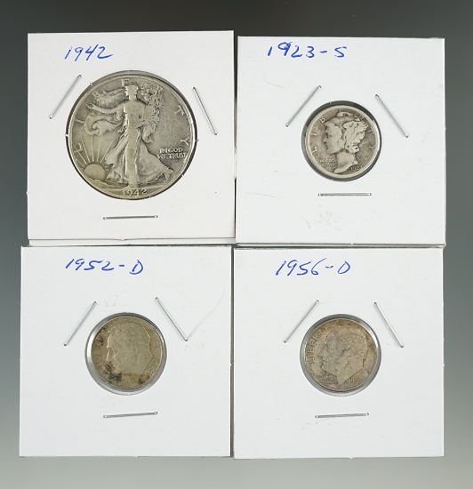 1942 Walking Liberty Half Dollar, 1923-S, Mercury Dime, 1952-D, & 1956-D Roosevelt Dimes