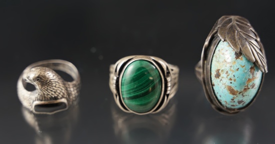 Set of three vintage Southwestern jewelry rings - sizes 8 1/2, 11 1/4, 7 3/4.