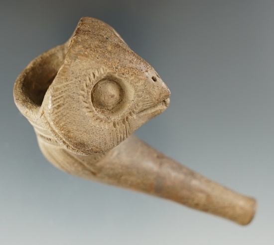 3 3/8" long by 2" tall heavily restored effigy Iroquois clay pipe found in New York.