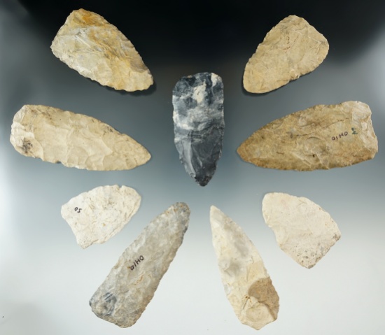 Group of nine Flint knives found in Ohio, largest is 3 3/8".