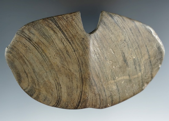 4 3/8" Single Notched Wing Bannerstone with restoration to the barrel section, found in Ohio.