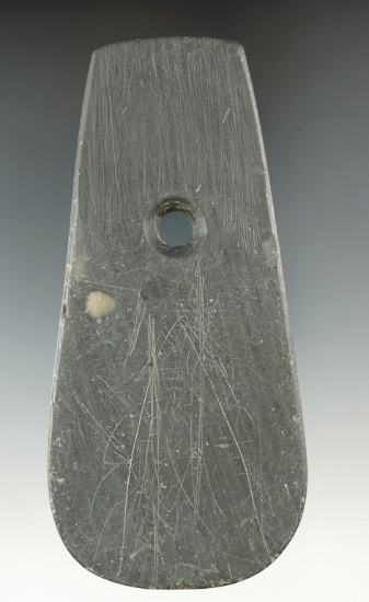 4 1/2" Adena Keyhole Pendant made from gray and black Banded Slate, found in Mercer Co., Ohio.