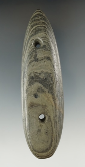 4 9/16" Glacial Kame Gorget made from green and black Mottled Slate. Found in Hardin Co., Ohio.