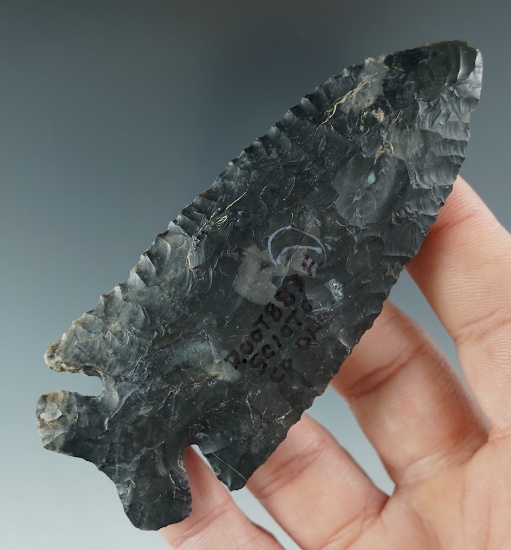 3 7/8" Archaic Thebes made from black and gray Coshocton Flint. Found in Scioto Co., Ohio.