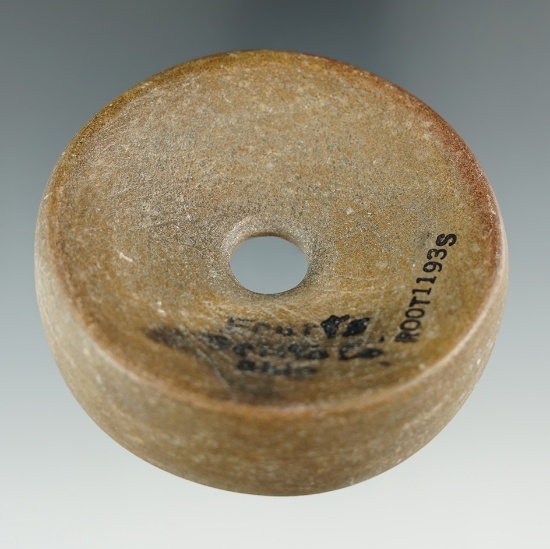 2 7/8" Mississippian Perforated Discoidal made from tan Quartzite. Found at the Feuerts Village Site