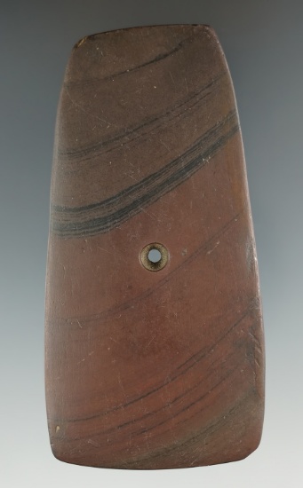3 3/4" Hopewell Trapezoidal Pendant made from red and black Banded Slate, found in Licking Co., Ohio