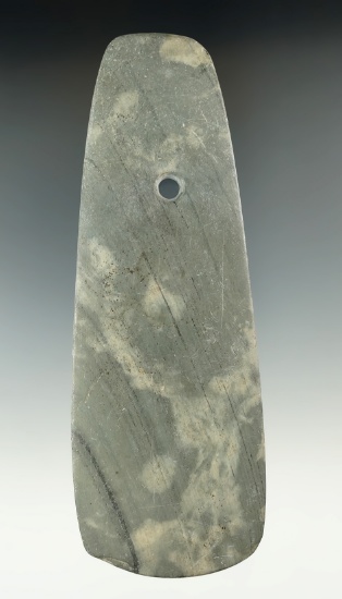 5 3/4" Hopewell Trapezoidal Pendant made from green and black Banded Slate, found in Cass Co., Michi