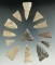 Group of 13 triangular Mississippian arrowheads found in Michigan. Largest is 1 5/8