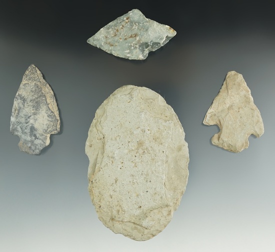 Set of four flaked artifacts found in Branch County Michigan, largest is 3 3/8".