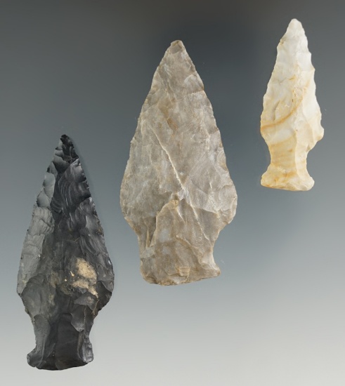 Set of three Ashtabula points found in Ohio, largest is 2 5/8".