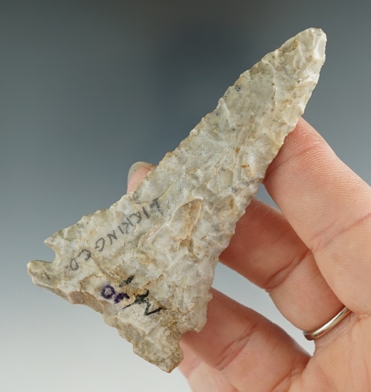 3 1/4" Archaic Meadowood made from gray Coshocton Flint. Found in Licking Co., Ohio.