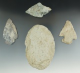 Set of four flaked artifacts found in Branch County Michigan, largest is 3 3/8