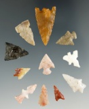 Group of 11 Assorted Arrowheads that were from an old board. Two have damage.