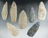 Group of seven blades and lanceolates found in Ohio, largest is 3 15/16