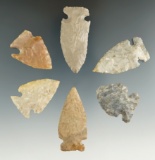 Group of six Intrusive Mound points found in Ohio, largest is 1 and 7/8
