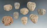 Set of nine pre-Columbian pottery heads found in Mexico. Largest is 1 5/8