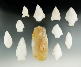 Set of 10 Assorted quartz arrowheads and a quartz Celt found in Kentucky and Tennessee.