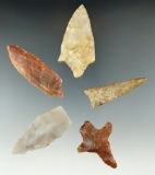 Set of five assorted flaked artifacts, largest is 2 5/8