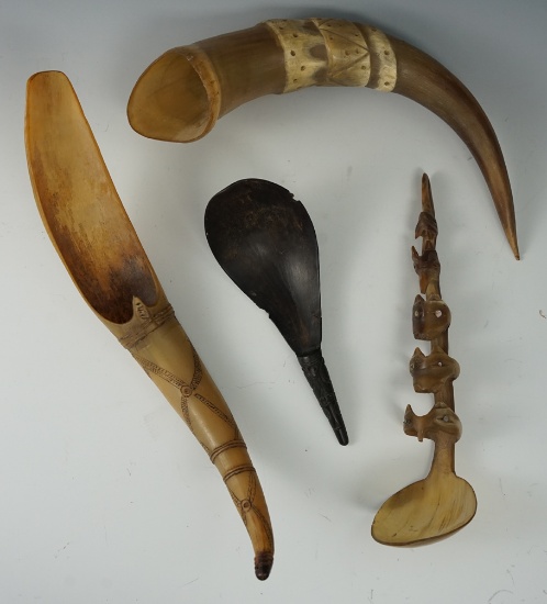 Set of 4 ornately carved Horn Spoons from various locations, some are contemporary.