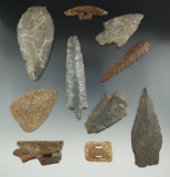 Group of 10 assorted bone, Slate and Flint Inuit artifacts found in Alaska. Largest is 3 1/2