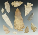 Group of 11 assorted points and knives found in Hillsdale Co., Michigan, largest is 4 7/16