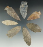 Set of seven heavily patinated points and knives found in Hillsdale Co., Michigan, largest is 2 3/4