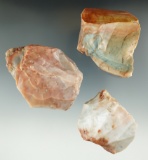 Set of three colorful Flint Ridge Flint Hopewell cores found in Licking Co., Ohio. Largest is 3