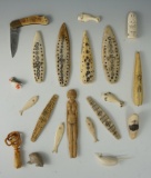 Group of approximately 20 assorted mostly contemporary Inuit bone carving items from Alaska.