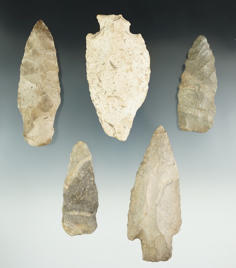 Set of five Flint Knives found in Hillsdale Co., Michigan. Largest is 3 5/8".