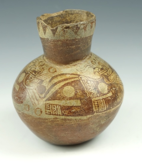 4 3/4" by 4" Nasca pottery vessel with excellent artwork. Some old use damage to rim. Peru.