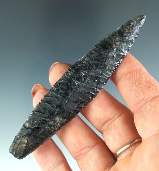 Sale Highlight!  Incredible flaking 3 13/16" Diagonal Flaked Obsidian Agate Basin -  Idaho. G-10