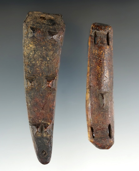 Nice pair of carved Inuit bone ice cleats recovered in Alaska. Largest is 4 1/16".