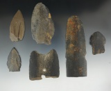 Group of six assorted ground slate artifacts recovered in Alaska. All have some degree of damage.