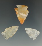 Set of three arrowheads made from attractive translucent Agate.2 in Weld Co., CO., 1 in WY.
