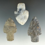 Set of three Adena points found in Ohio, largest is 2 3/8
