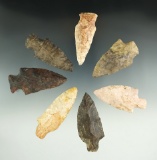 Seven assorted Flint knives found in Tennessee, largest is 2 13/16